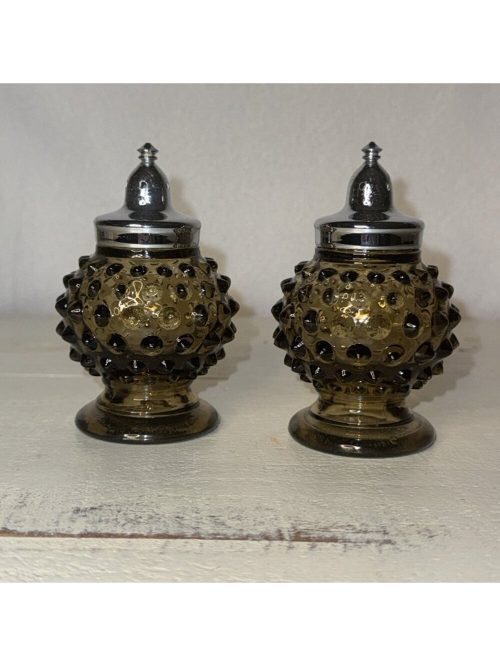 Vintage Studded Nutmeg Brown Glass Salt & Pepper Shaker Set Hobnail Imperial MCM